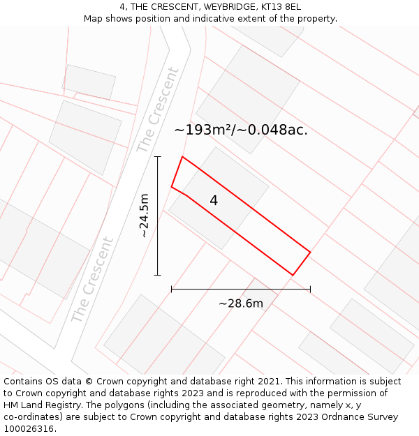 4, THE CRESCENT, WEYBRIDGE, KT13 8EL: Plot and title map