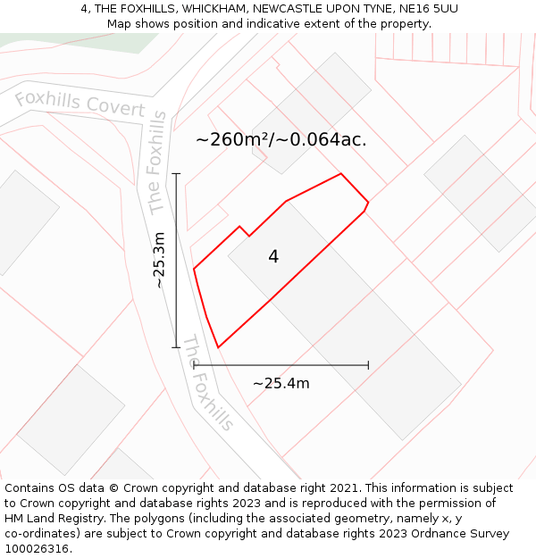 4, THE FOXHILLS, WHICKHAM, NEWCASTLE UPON TYNE, NE16 5UU: Plot and title map