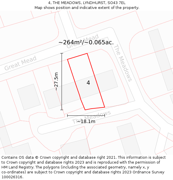 4, THE MEADOWS, LYNDHURST, SO43 7EL: Plot and title map