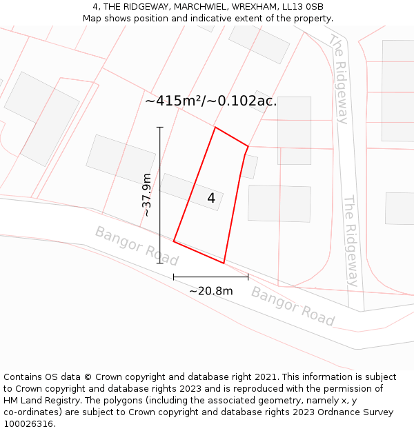 4, THE RIDGEWAY, MARCHWIEL, WREXHAM, LL13 0SB: Plot and title map