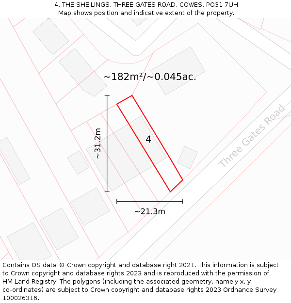 4, THE SHEILINGS, THREE GATES ROAD, COWES, PO31 7UH: Plot and title map