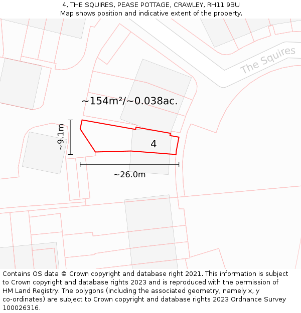 4, THE SQUIRES, PEASE POTTAGE, CRAWLEY, RH11 9BU: Plot and title map