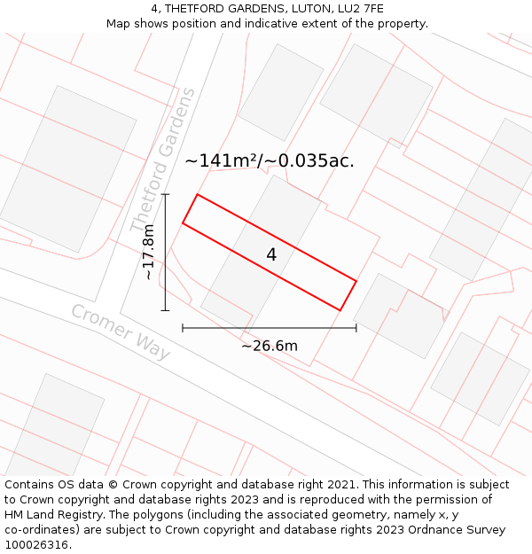 4, THETFORD GARDENS, LUTON, LU2 7FE: Plot and title map
