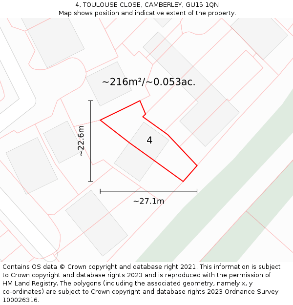 4, TOULOUSE CLOSE, CAMBERLEY, GU15 1QN: Plot and title map