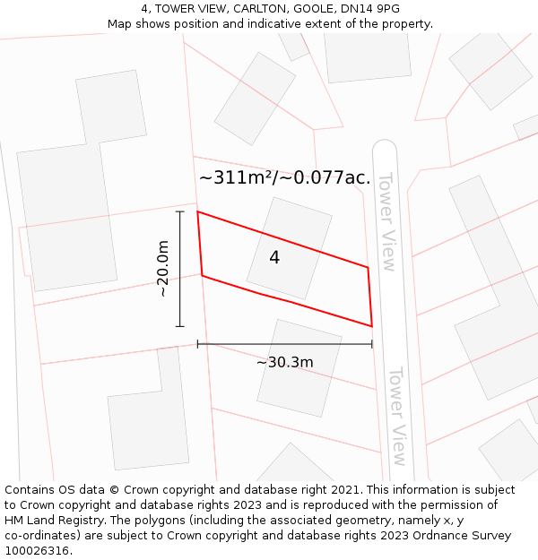 4, TOWER VIEW, CARLTON, GOOLE, DN14 9PG: Plot and title map