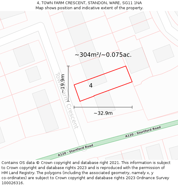 4, TOWN FARM CRESCENT, STANDON, WARE, SG11 1NA: Plot and title map