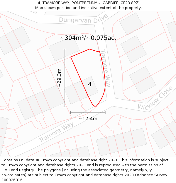 4, TRAMORE WAY, PONTPRENNAU, CARDIFF, CF23 8PZ: Plot and title map