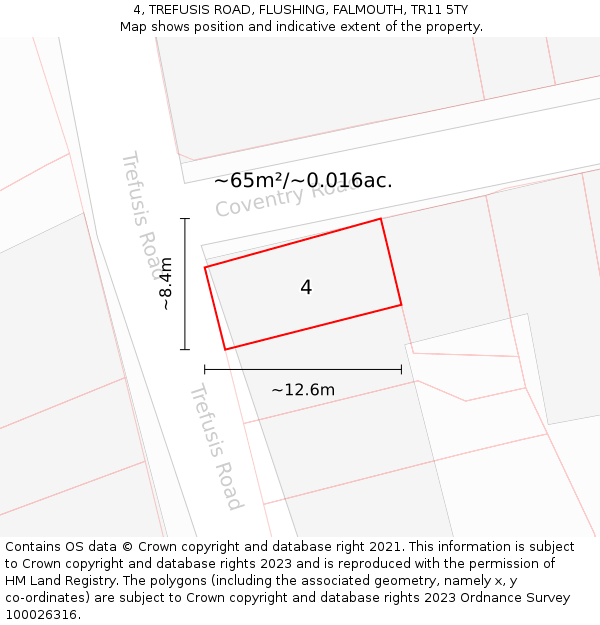 4, TREFUSIS ROAD, FLUSHING, FALMOUTH, TR11 5TY: Plot and title map