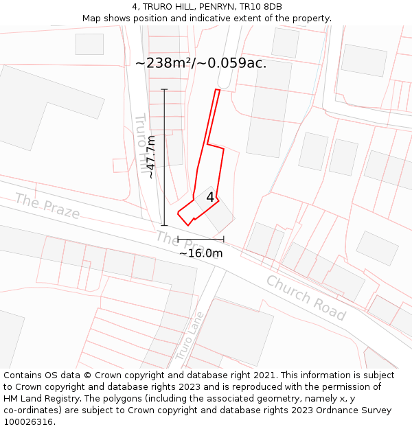 4, TRURO HILL, PENRYN, TR10 8DB: Plot and title map