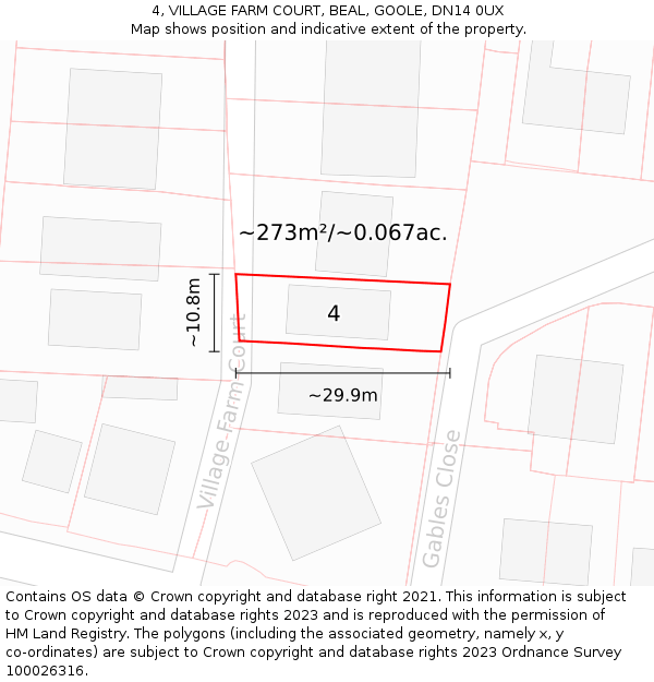 4, VILLAGE FARM COURT, BEAL, GOOLE, DN14 0UX: Plot and title map