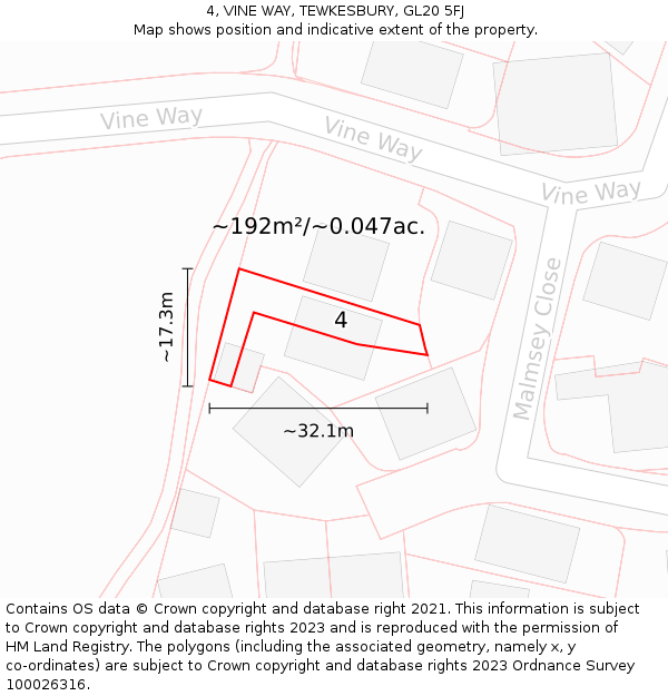 4, VINE WAY, TEWKESBURY, GL20 5FJ: Plot and title map