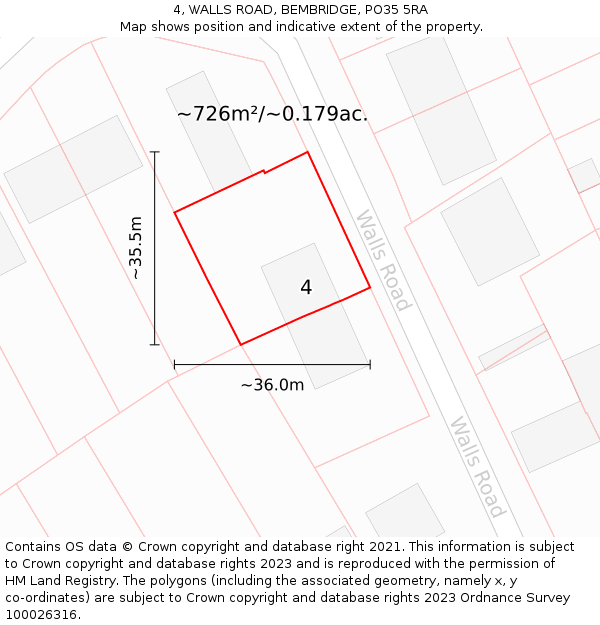 4, WALLS ROAD, BEMBRIDGE, PO35 5RA: Plot and title map