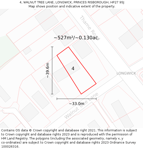 4, WALNUT TREE LANE, LONGWICK, PRINCES RISBOROUGH, HP27 9SJ: Plot and title map