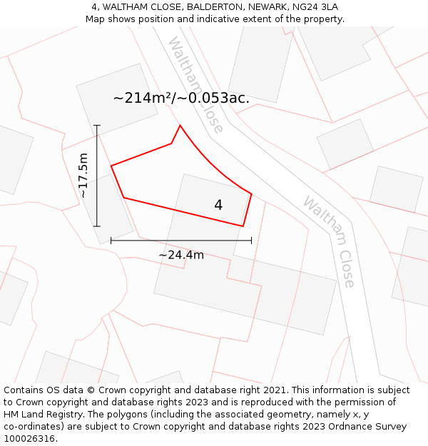 4, WALTHAM CLOSE, BALDERTON, NEWARK, NG24 3LA: Plot and title map