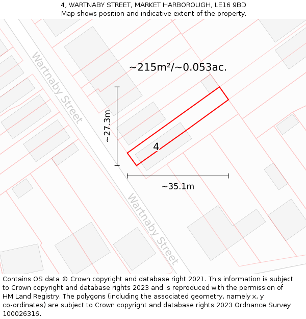 4, WARTNABY STREET, MARKET HARBOROUGH, LE16 9BD: Plot and title map