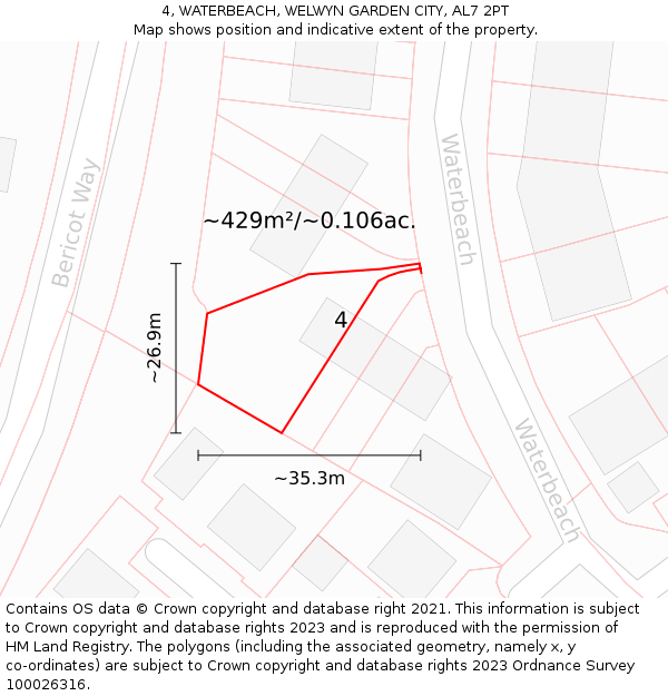 4, WATERBEACH, WELWYN GARDEN CITY, AL7 2PT: Plot and title map