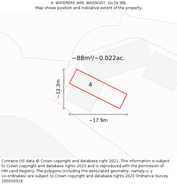 4, WATERERS WAY, BAGSHOT, GU19 5BL: Plot and title map