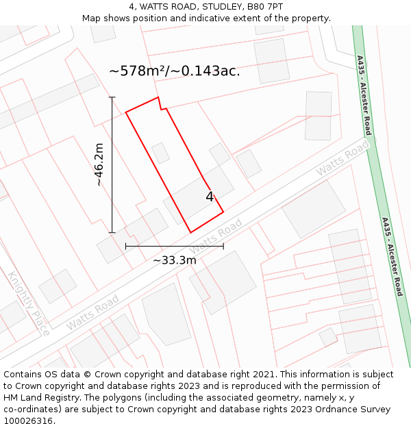 4, WATTS ROAD, STUDLEY, B80 7PT: Plot and title map