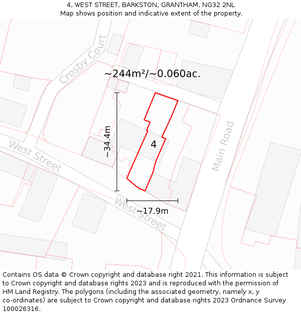 4, WEST STREET, BARKSTON, GRANTHAM, NG32 2NL: Plot and title map