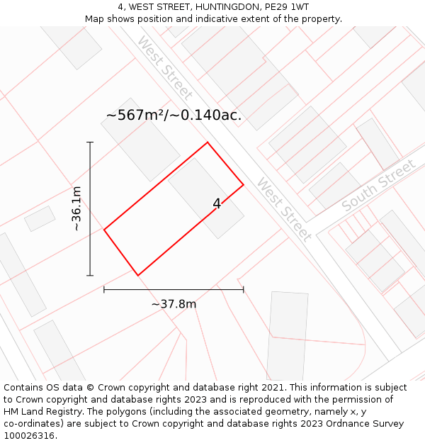 4, WEST STREET, HUNTINGDON, PE29 1WT: Plot and title map