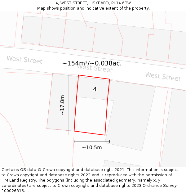 4, WEST STREET, LISKEARD, PL14 6BW: Plot and title map