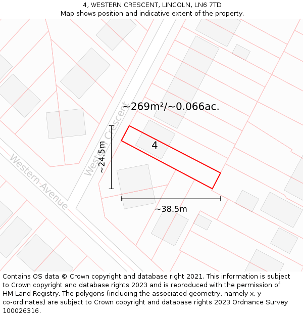 4, WESTERN CRESCENT, LINCOLN, LN6 7TD: Plot and title map