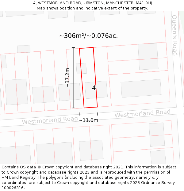 4, WESTMORLAND ROAD, URMSTON, MANCHESTER, M41 9HJ: Plot and title map