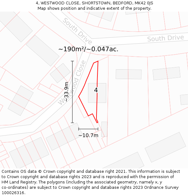 4, WESTWOOD CLOSE, SHORTSTOWN, BEDFORD, MK42 0JS: Plot and title map