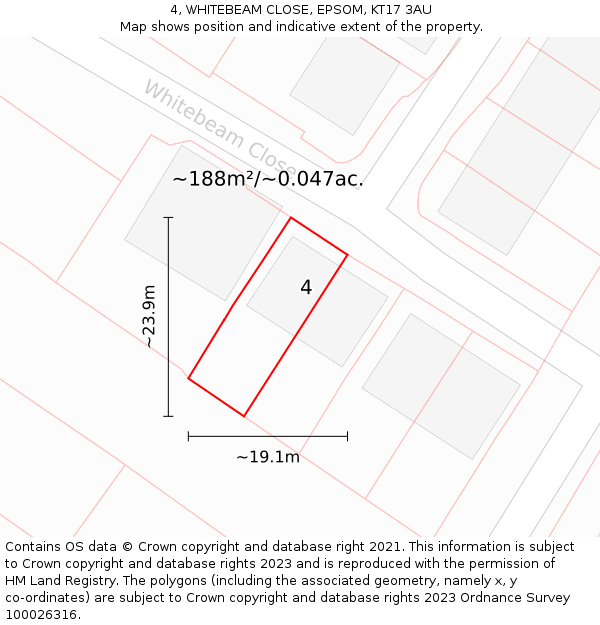 4, WHITEBEAM CLOSE, EPSOM, KT17 3AU: Plot and title map