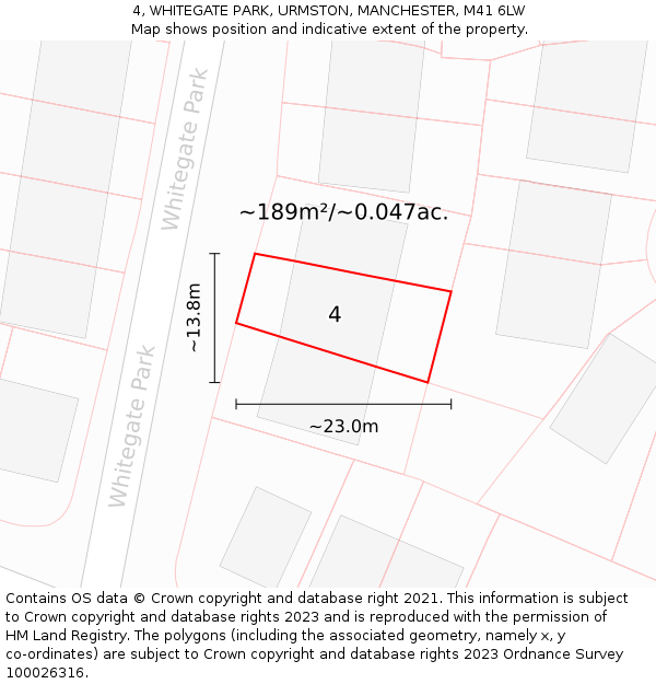 4, WHITEGATE PARK, URMSTON, MANCHESTER, M41 6LW: Plot and title map