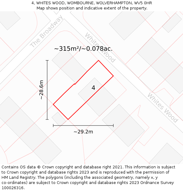 4, WHITES WOOD, WOMBOURNE, WOLVERHAMPTON, WV5 0HR: Plot and title map