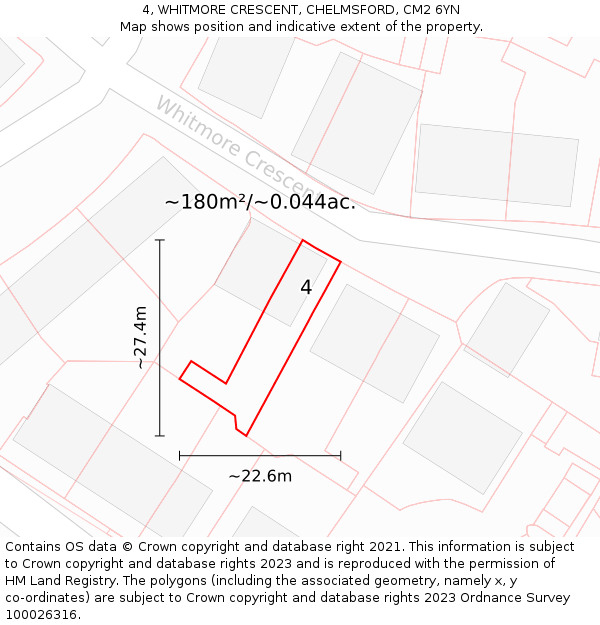 4, WHITMORE CRESCENT, CHELMSFORD, CM2 6YN: Plot and title map