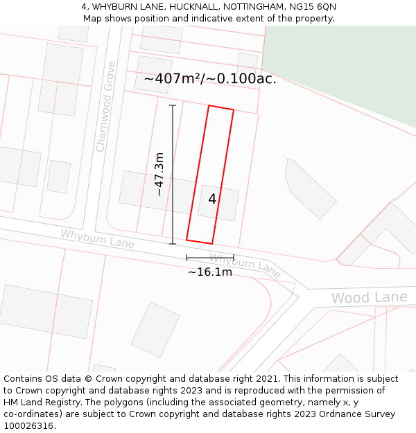 4, WHYBURN LANE, HUCKNALL, NOTTINGHAM, NG15 6QN: Plot and title map