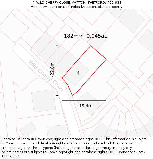 4, WILD CHERRY CLOSE, WATTON, THETFORD, IP25 6GE: Plot and title map