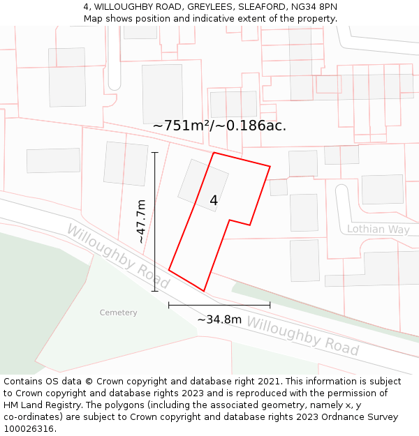 4, WILLOUGHBY ROAD, GREYLEES, SLEAFORD, NG34 8PN: Plot and title map