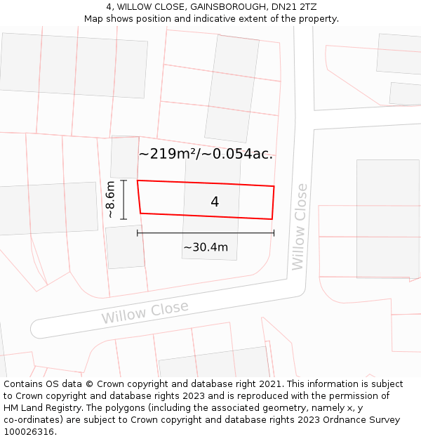 4, WILLOW CLOSE, GAINSBOROUGH, DN21 2TZ: Plot and title map