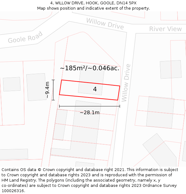 4, WILLOW DRIVE, HOOK, GOOLE, DN14 5PX: Plot and title map