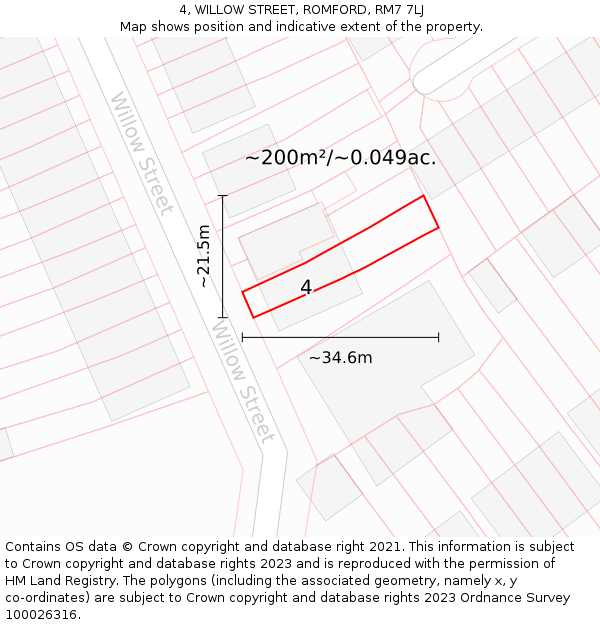 4, WILLOW STREET, ROMFORD, RM7 7LJ: Plot and title map