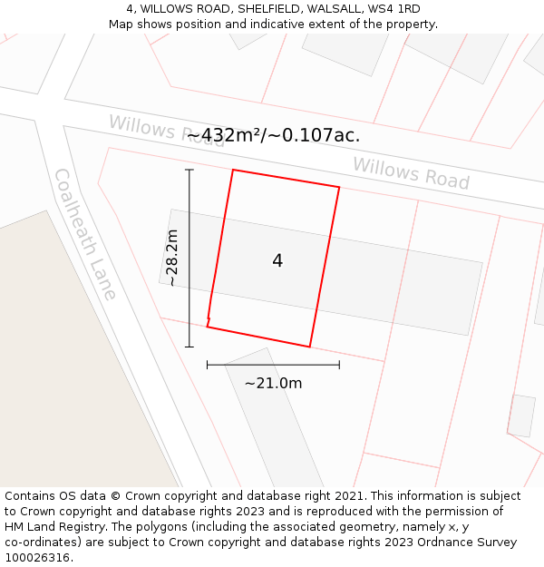 4, WILLOWS ROAD, SHELFIELD, WALSALL, WS4 1RD: Plot and title map