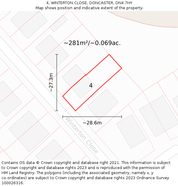 4, WINTERTON CLOSE, DONCASTER, DN4 7HY: Plot and title map