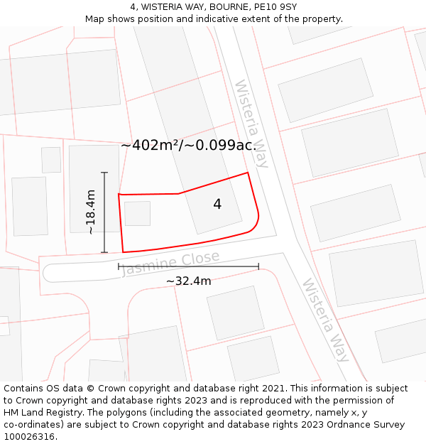 4, WISTERIA WAY, BOURNE, PE10 9SY: Plot and title map