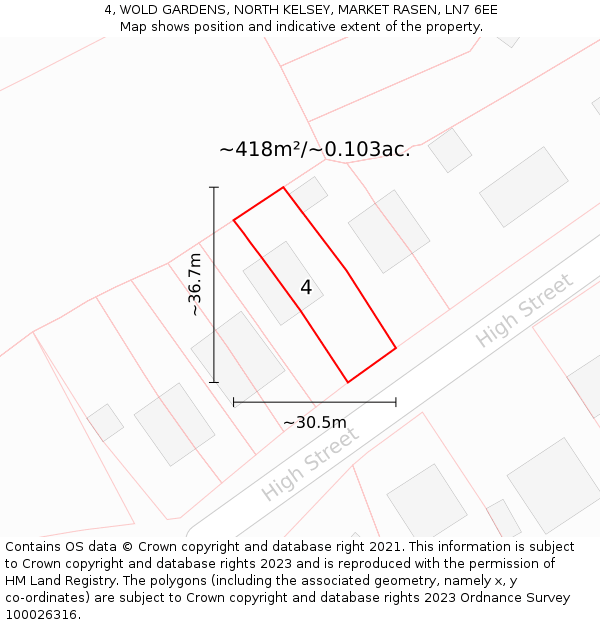 4, WOLD GARDENS, NORTH KELSEY, MARKET RASEN, LN7 6EE: Plot and title map