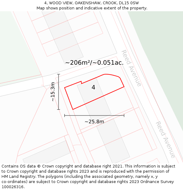 4, WOOD VIEW, OAKENSHAW, CROOK, DL15 0SW: Plot and title map