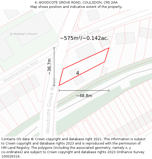 4, WOODCOTE GROVE ROAD, COULSDON, CR5 2AA: Plot and title map