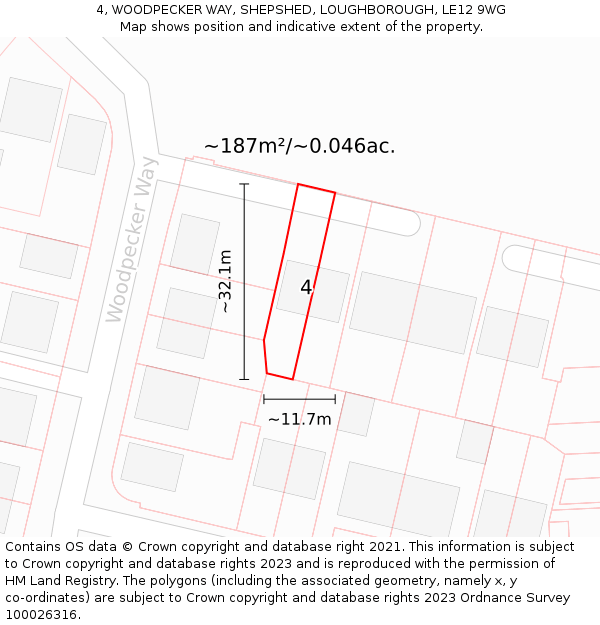 4, WOODPECKER WAY, SHEPSHED, LOUGHBOROUGH, LE12 9WG: Plot and title map