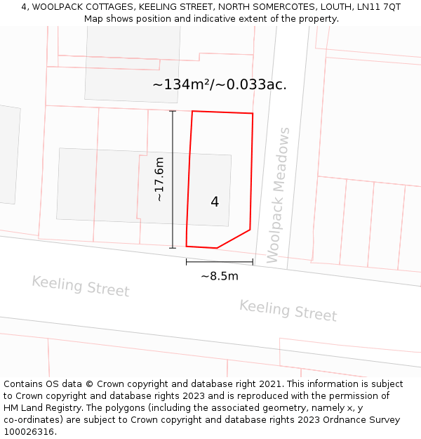 4, WOOLPACK COTTAGES, KEELING STREET, NORTH SOMERCOTES, LOUTH, LN11 7QT: Plot and title map