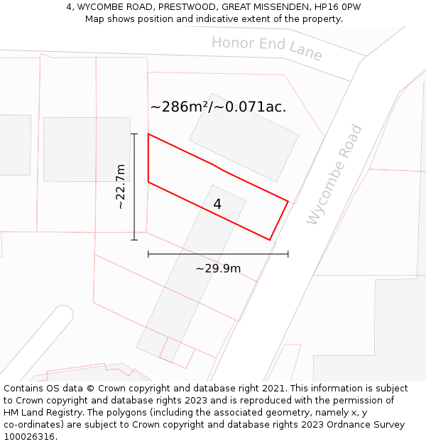 4, WYCOMBE ROAD, PRESTWOOD, GREAT MISSENDEN, HP16 0PW: Plot and title map