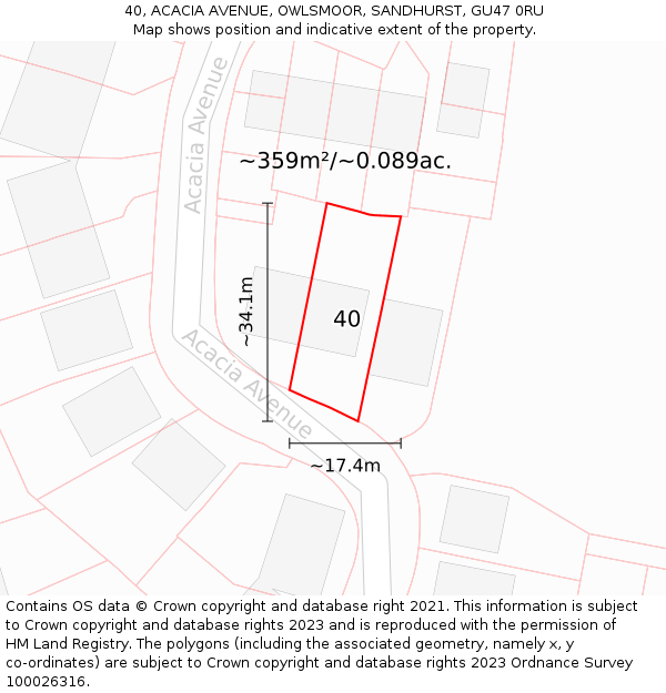 40, ACACIA AVENUE, OWLSMOOR, SANDHURST, GU47 0RU: Plot and title map