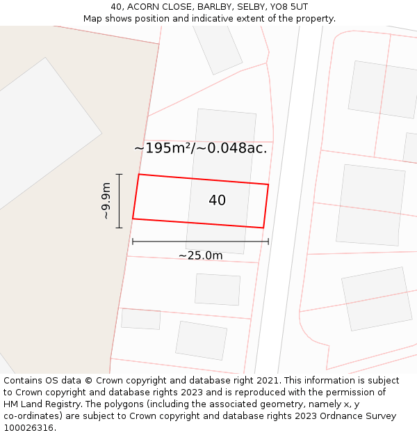 40, ACORN CLOSE, BARLBY, SELBY, YO8 5UT: Plot and title map