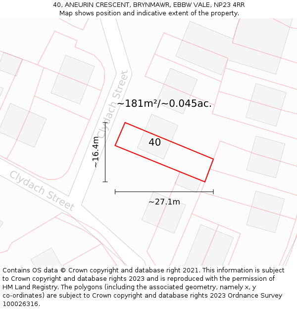 40, ANEURIN CRESCENT, BRYNMAWR, EBBW VALE, NP23 4RR: Plot and title map